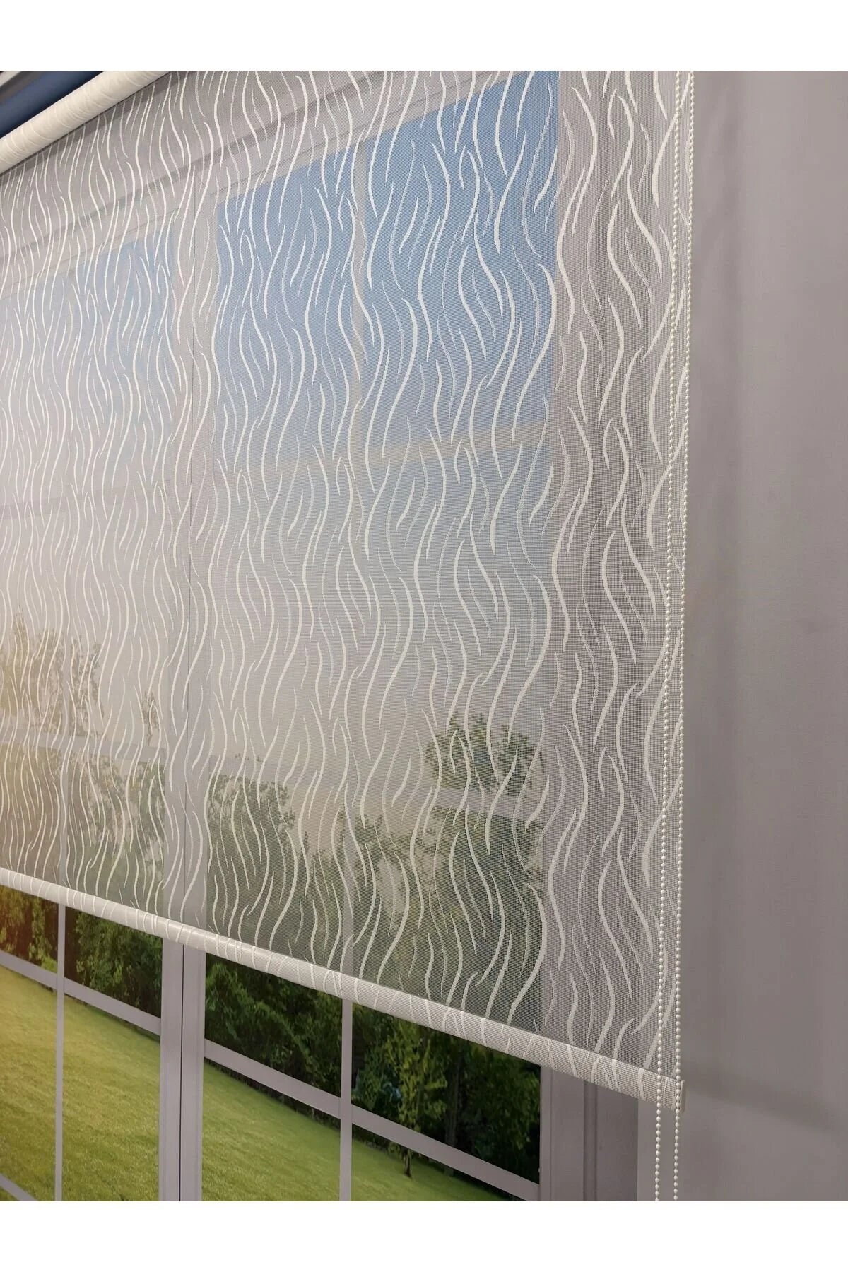 EVA Serisi – Su Yolu Desenli Çift Mekanizmalı Beyaz Tül Mavi Stor Perde