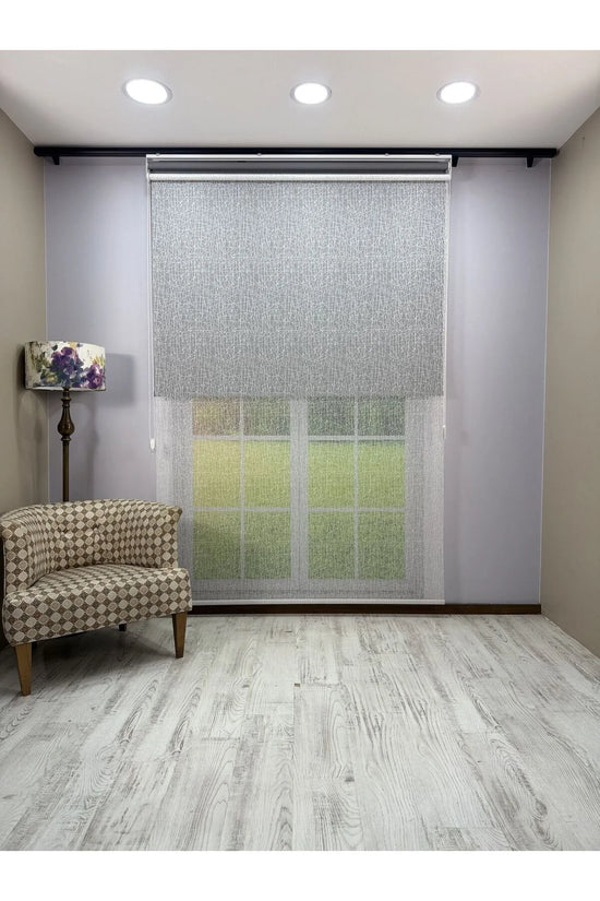 OLYMPOS Serisi – Kırçıl Desenli Çift Mekanizmalı Beyaz Tül Antrasit Gri Stor Perde