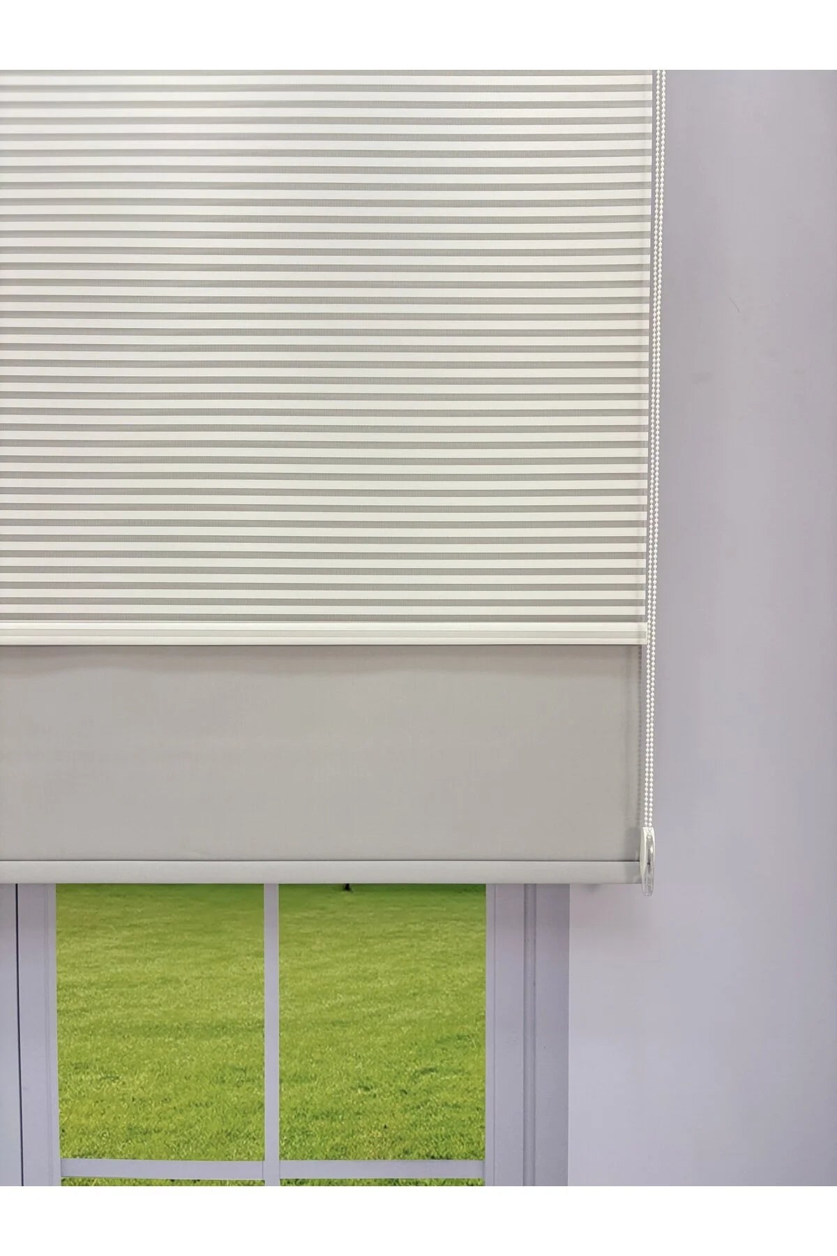 LUNA Serisi Beyaz Tül Açık Gri Stor Perde Işık Kontrollü, Çift Mekanizmalı, Kolay Montaj