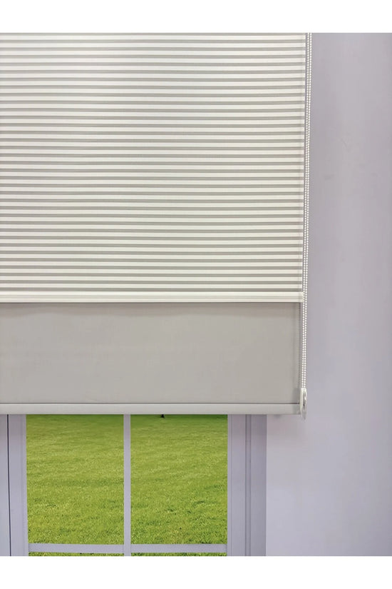 LUNA Serisi Beyaz Tül Açık Gri Stor Perde Işık Kontrollü, Çift Mekanizmalı, Kolay Montaj