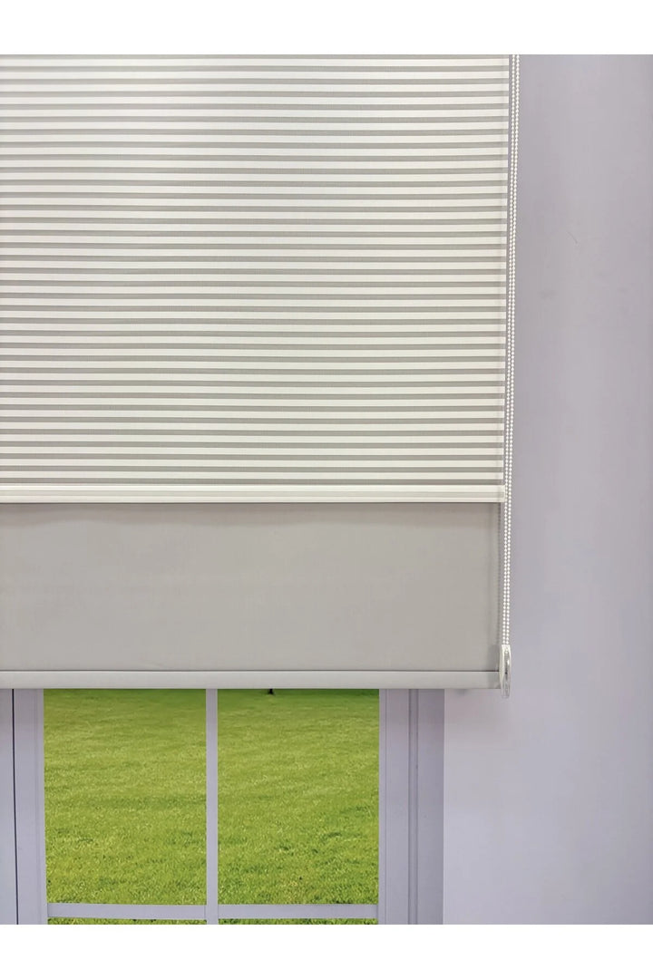 LUNA Serisi Beyaz Tül Açık Gri Stor Perde Işık Kontrollü, Çift Mekanizmalı, Kolay Montaj