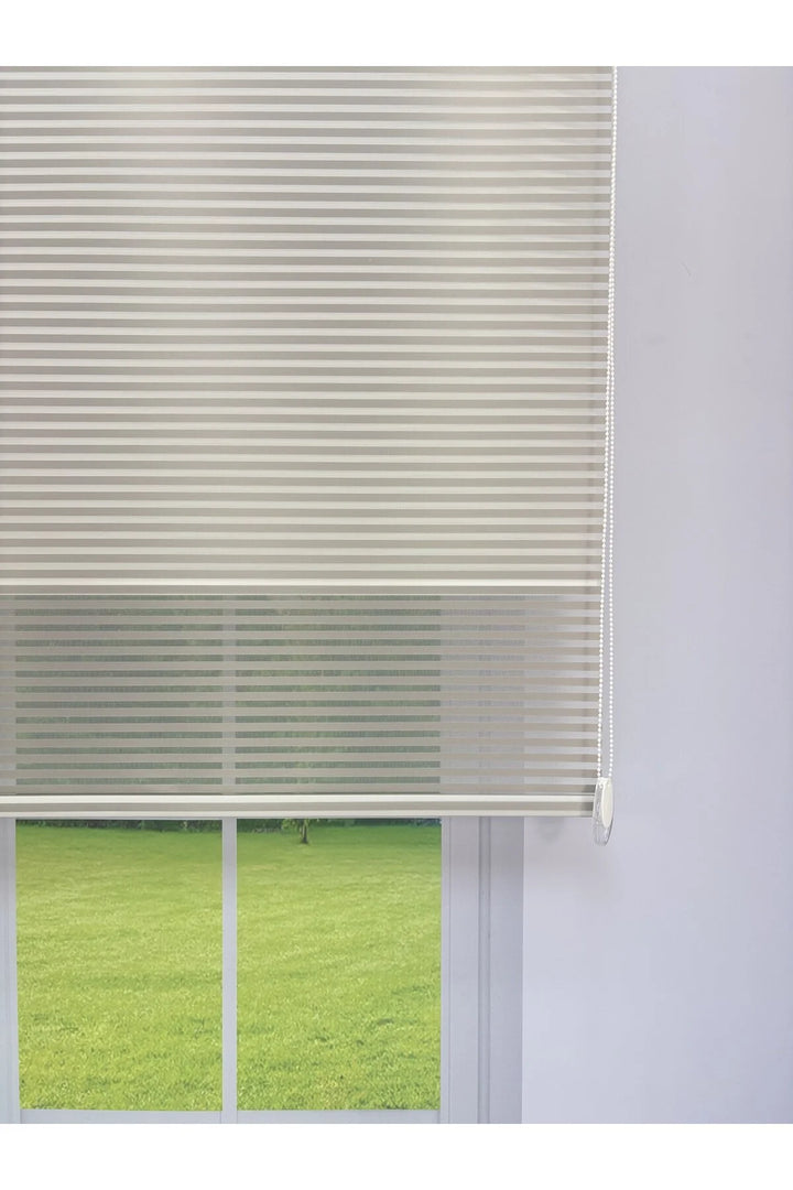 LUNA Serisi Açık Gri Tül Beyaz Stor Perde Işık Kontrollü, Çift Mekanizmalı, Kolay Montaj