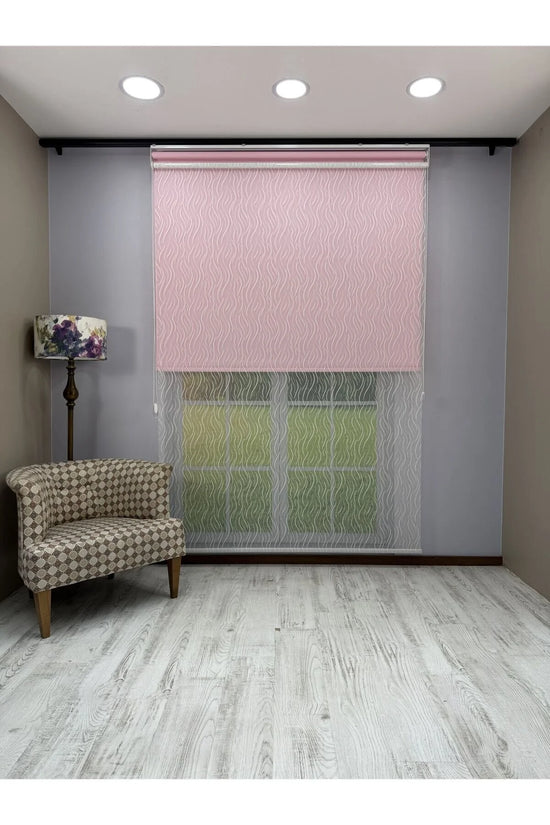 EVA Serisi – Su Yolu Desenli Çift Mekanizmalı Beyaz Tül Pembe Stor Perde