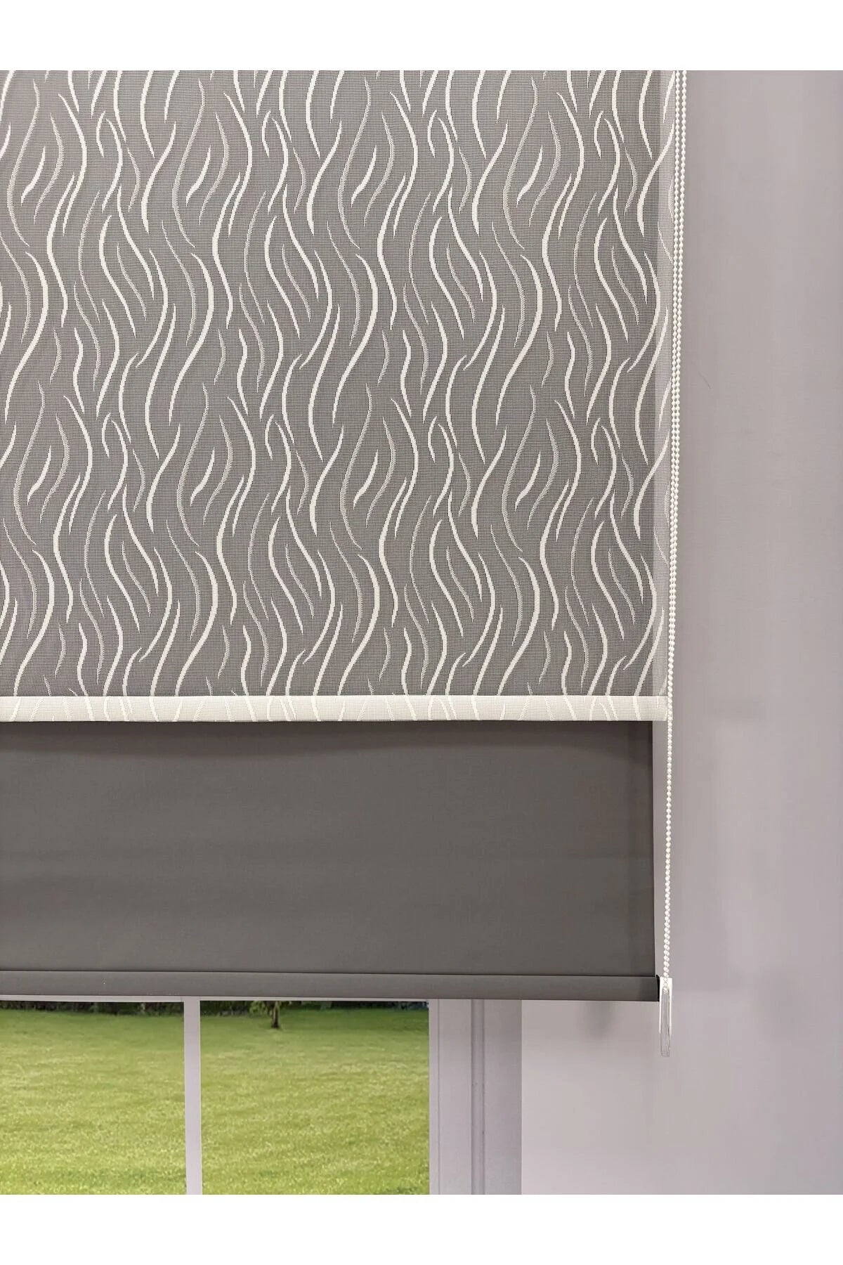 EVA Serisi – Su Yolu Desenli Çift Mekanizmalı Beyaz Tül Antrasit Gri Stor Perde