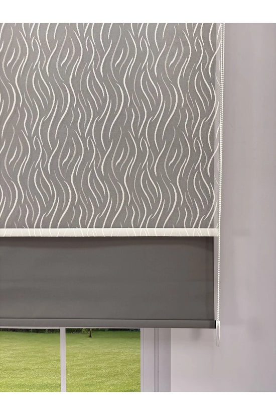 EVA Serisi – Su Yolu Desenli Çift Mekanizmalı Beyaz Tül Antrasit Gri Stor Perde