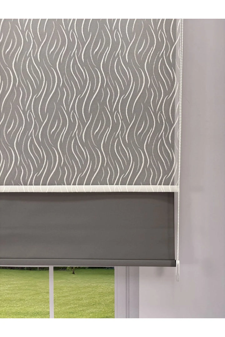 EVA Serisi – Su Yolu Desenli Çift Mekanizmalı Beyaz Tül Antrasit Gri Stor Perde