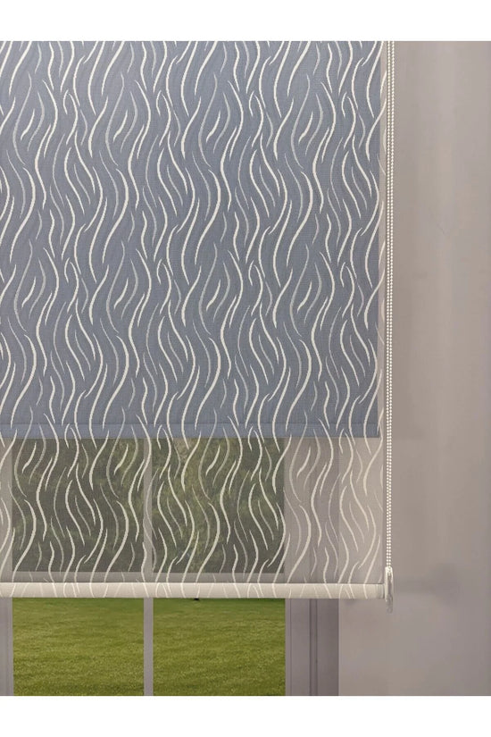 EVA Serisi – Su Yolu Desenli Çift Mekanizmalı Beyaz Tül Mavi Stor Perde