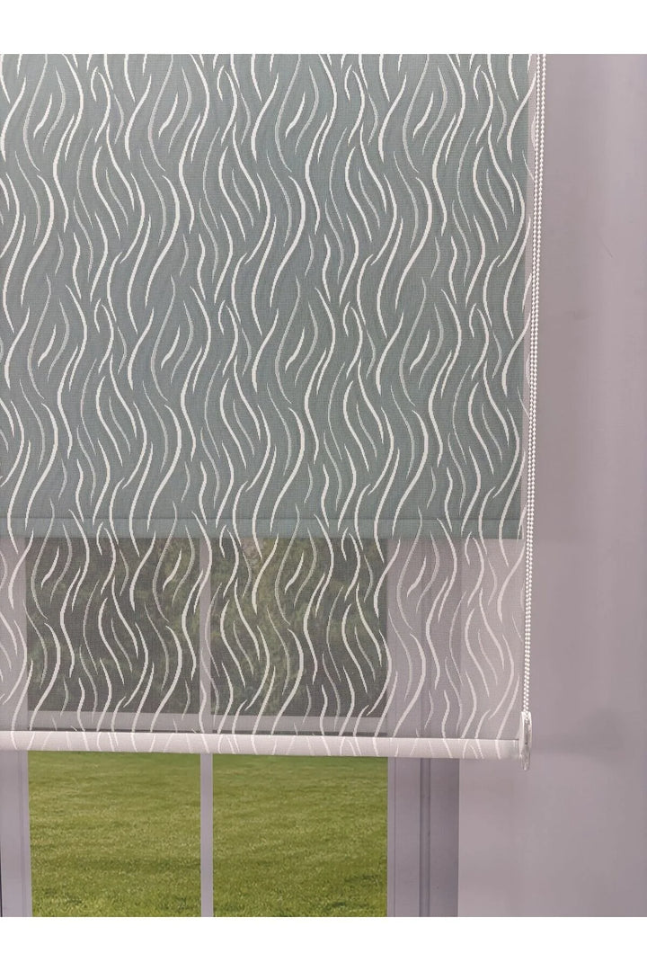 EVA Serisi – Su Yolu Desenli Çift Mekanizmalı Beyaz Tül Petrol Yeşili Stor Perde