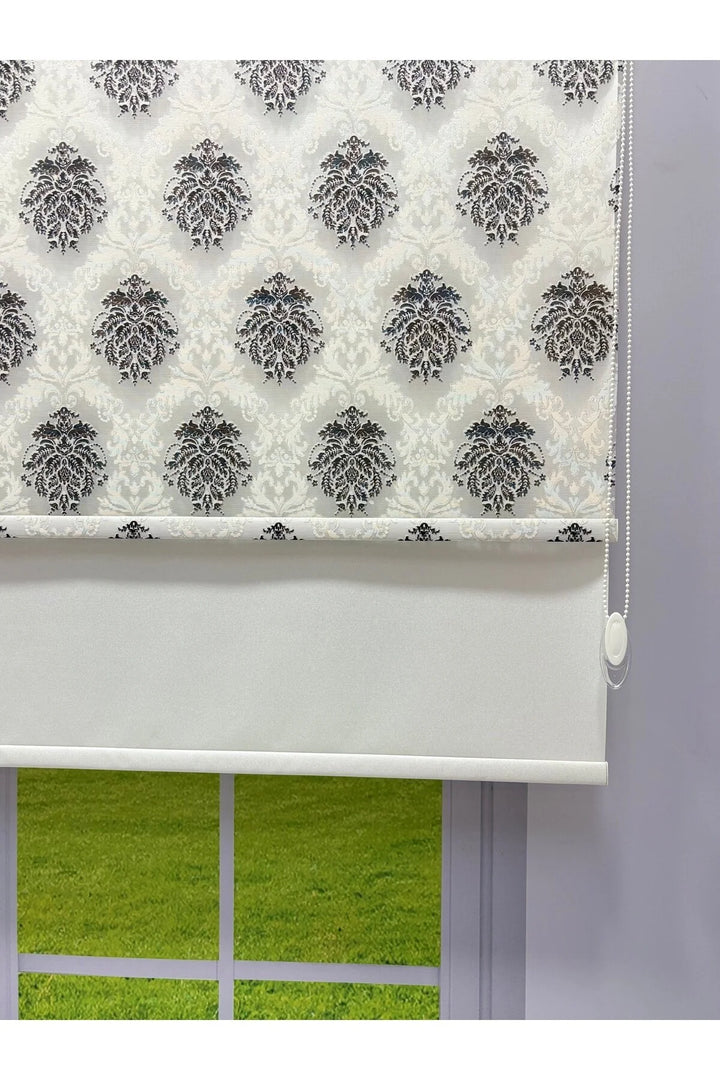 Gri Damask Desenli Çift Mekanizmalı Tül ve Stor Perde - Simli Kumaş, Simli Stor Perde