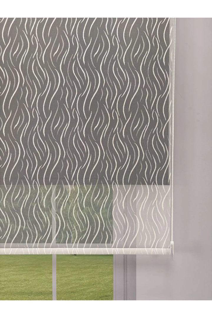 EVA Serisi – Su Yolu Desenli Çift Mekanizmalı Beyaz Tül Siyah Stor Perde