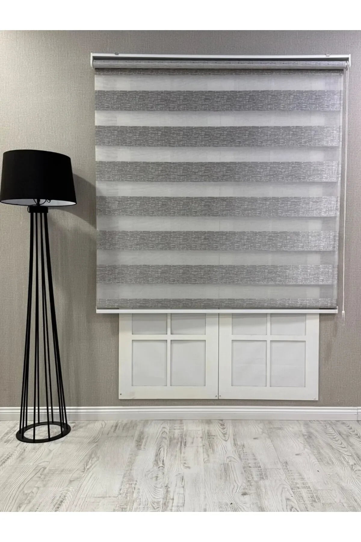 Delüks Zebra Stor Perde Geniş Plise Açık Gri