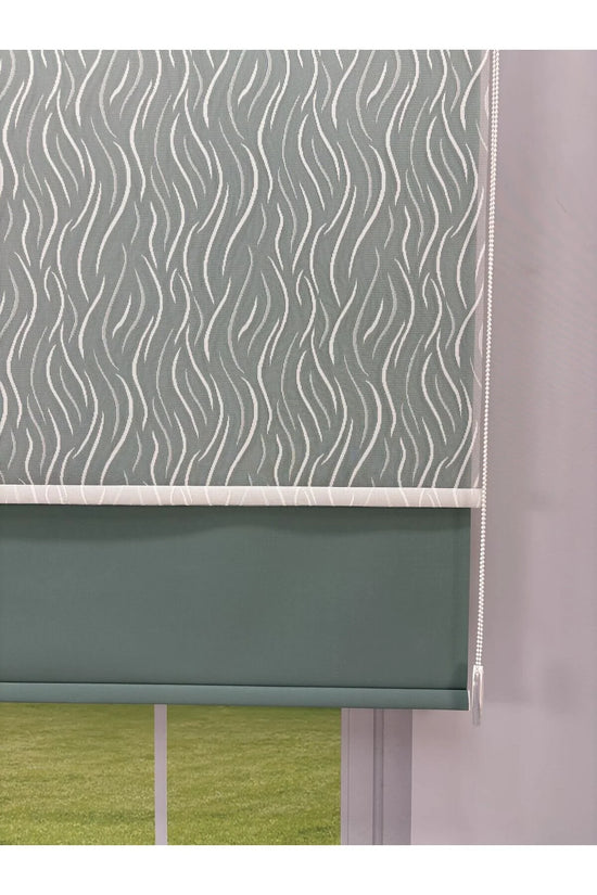 EVA Serisi – Su Yolu Desenli Çift Mekanizmalı Beyaz Tül Petrol Yeşili Stor Perde