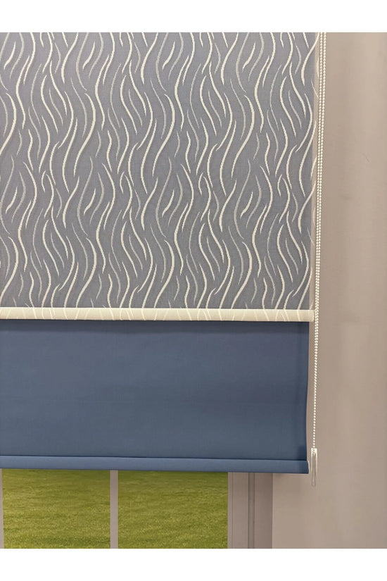 EVA Serisi – Su Yolu Desenli Çift Mekanizmalı Beyaz Tül Mavi Stor Perde