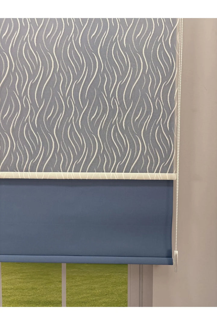 EVA Serisi – Su Yolu Desenli Çift Mekanizmalı Beyaz Tül Mavi Stor Perde