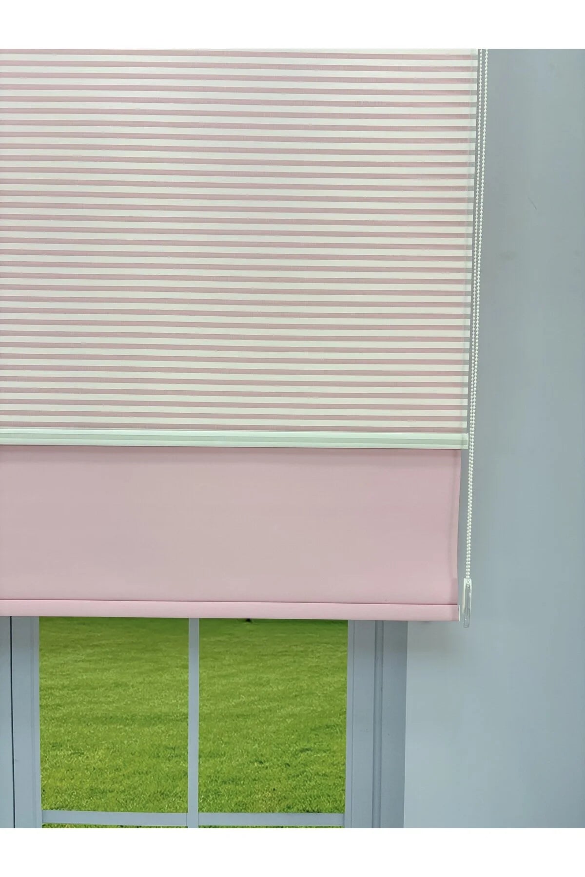 LUNA Serisi Beyaz Tül Pembe Stor Perde Işık Kontrollü, Çift Mekanizmalı, Kolay Montaj