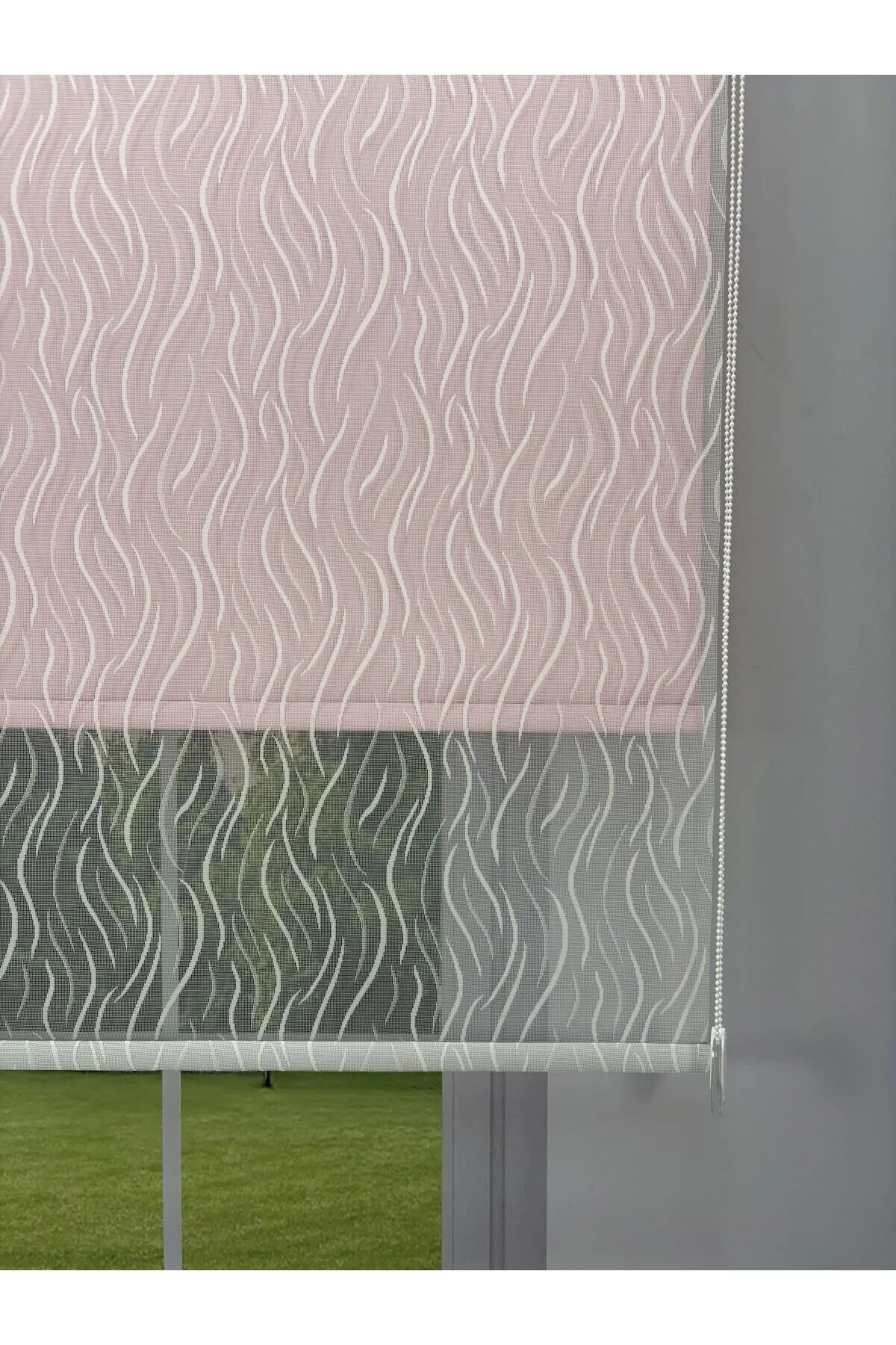 EVA Serisi – Su Yolu Desenli Çift Mekanizmalı Beyaz Tül Pembe Stor Perde