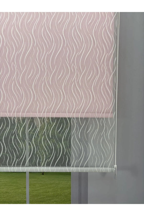 EVA Serisi – Su Yolu Desenli Çift Mekanizmalı Beyaz Tül Pembe Stor Perde