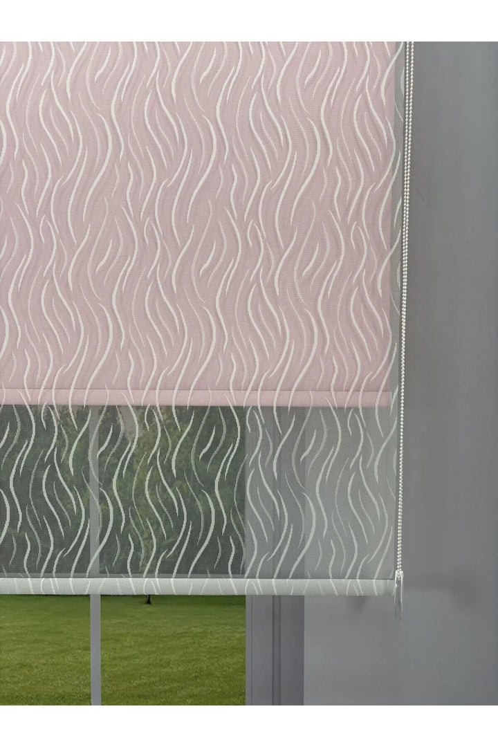 EVA Serisi – Su Yolu Desenli Çift Mekanizmalı Beyaz Tül Pembe Stor Perde