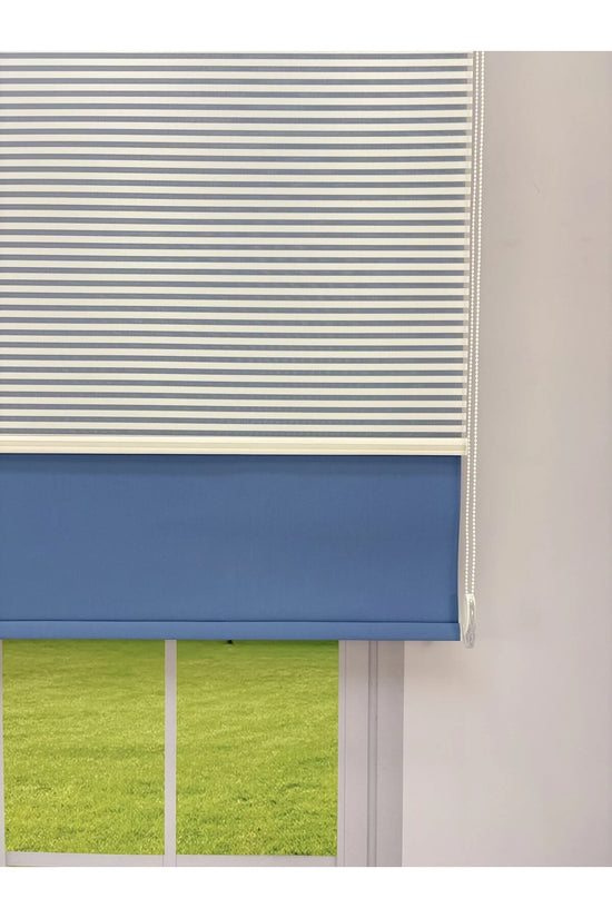 LUNA Serisi Beyaz Tül Mavi Stor Perde Işık Kontrollü, Çift Mekanizmalı, Kolay Montaj