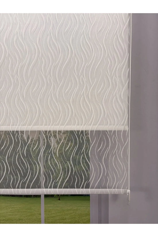 EVA Serisi – Su Yolu Desenli Çift Mekanizmalı Beyaz Tül Beyaz Stor Perde