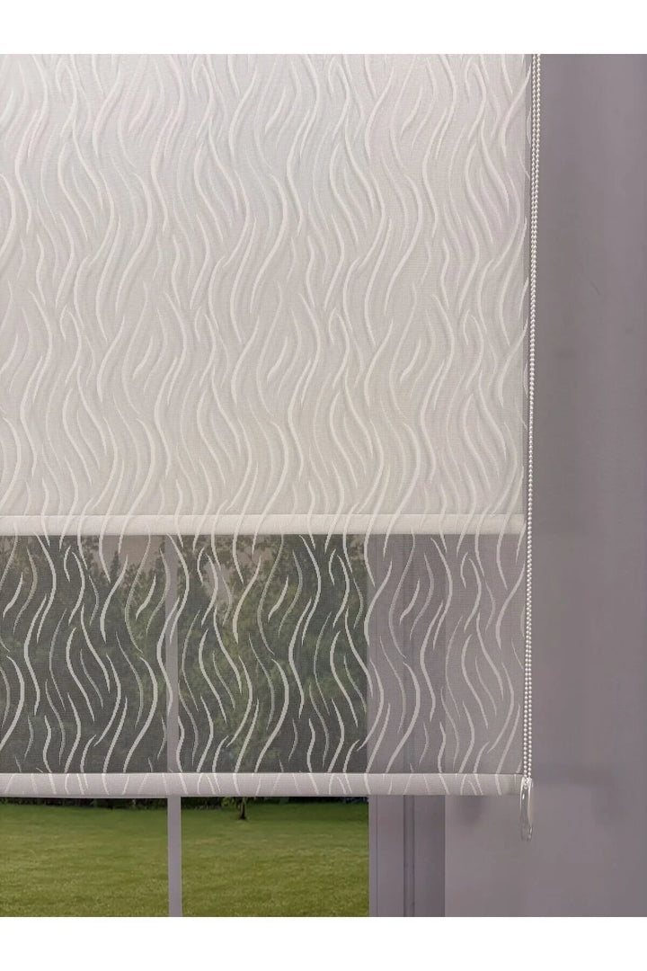 EVA Serisi – Su Yolu Desenli Çift Mekanizmalı Beyaz Tül Beyaz Stor Perde