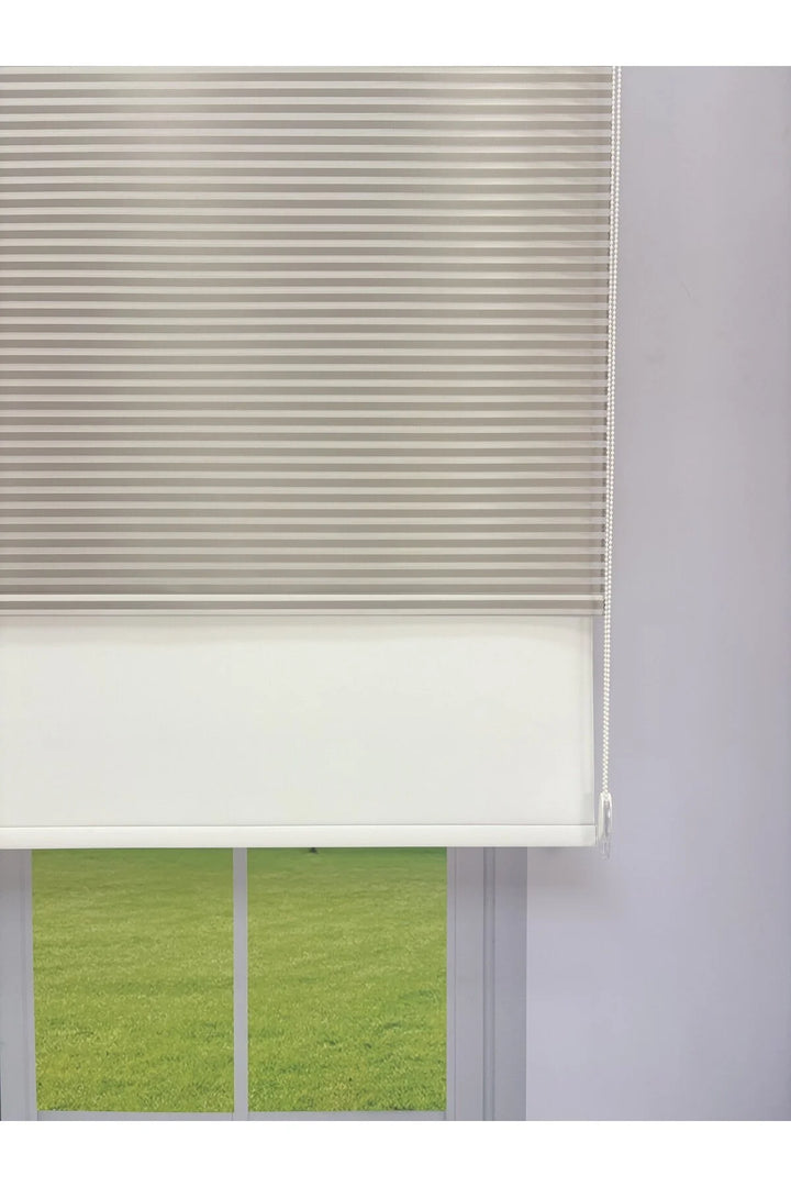 LUNA Serisi Açık Gri Tül Beyaz Stor Perde Işık Kontrollü, Çift Mekanizmalı, Kolay Montaj