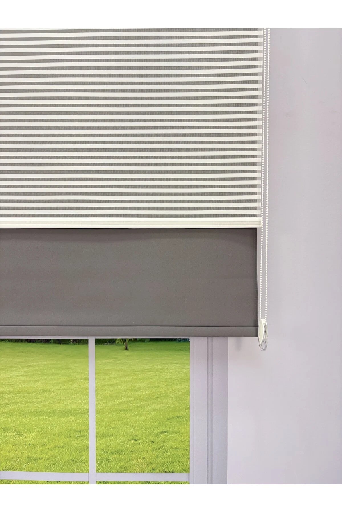 LUNA Serisi Beyaz Tül Antrasit Gri Stor Perde Işık Kontrollü, Çift Mekanizmalı, Kolay Montaj