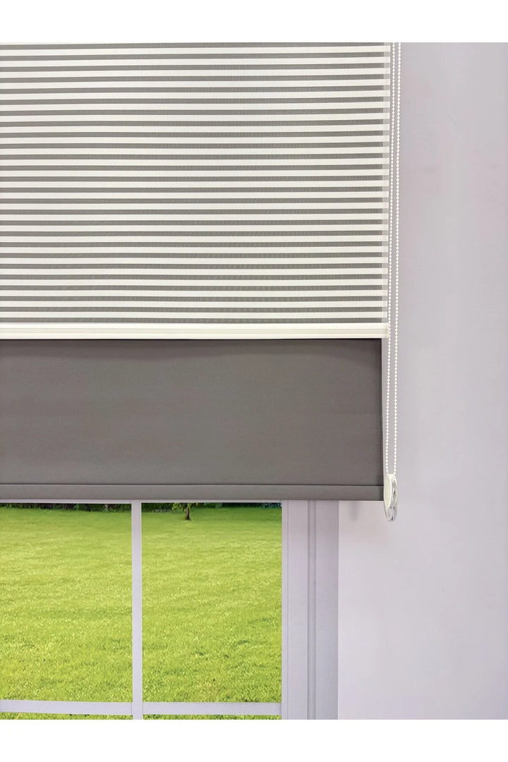 LUNA Serisi Beyaz Tül Antrasit Gri Stor Perde Işık Kontrollü, Çift Mekanizmalı, Kolay Montaj