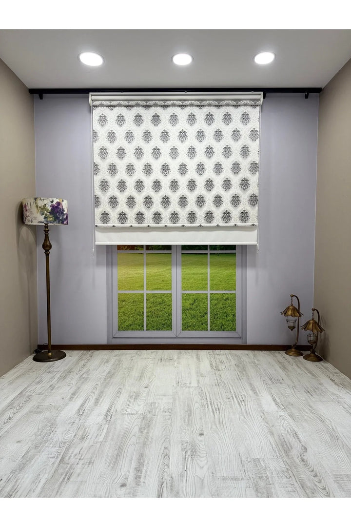 Gri Damask Desenli Çift Mekanizmalı Tül ve Stor Perde - Simli Kumaş, Simli Stor Perde