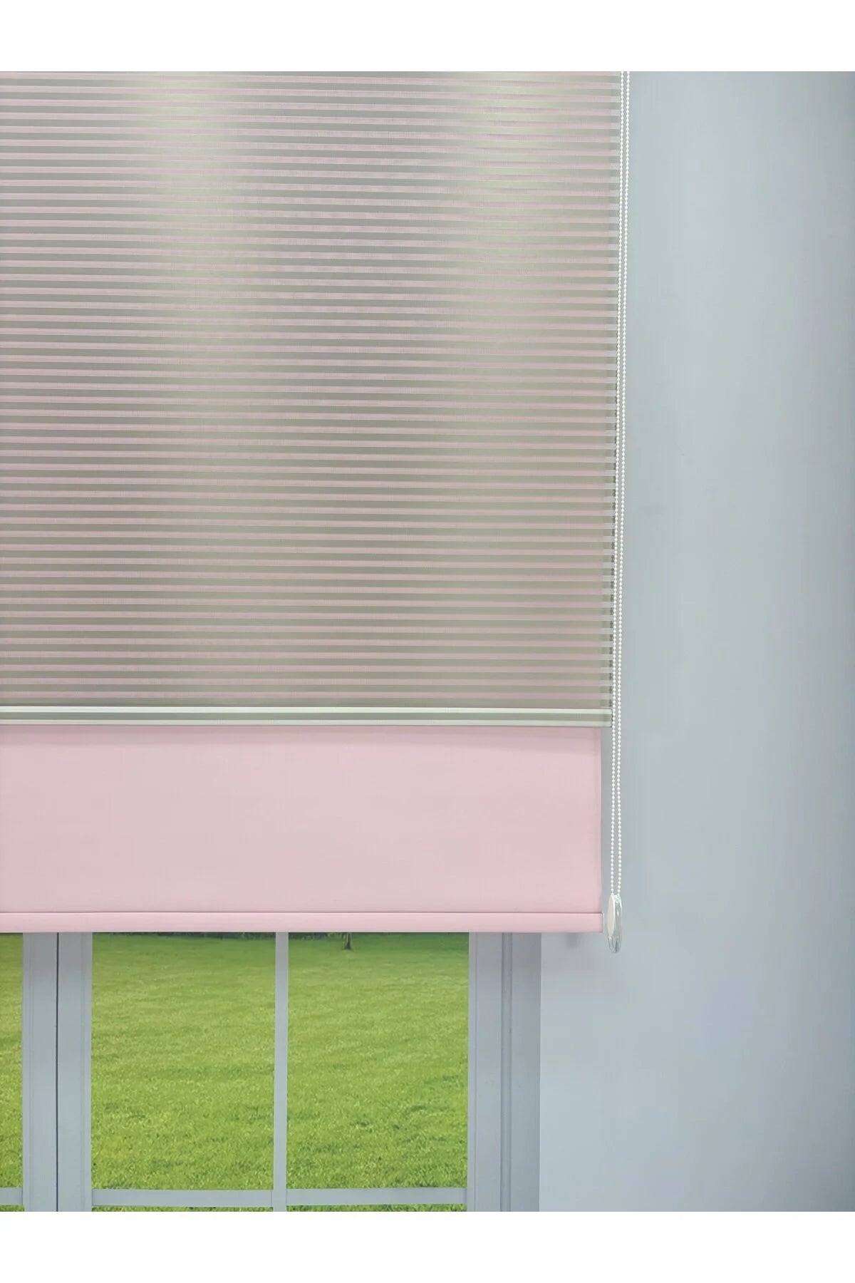 LUNA Serisi Açık Gri Tül Pembe Stor Perde Işık Kontrollü, Çift Mekanizmalı, Kolay Montaj