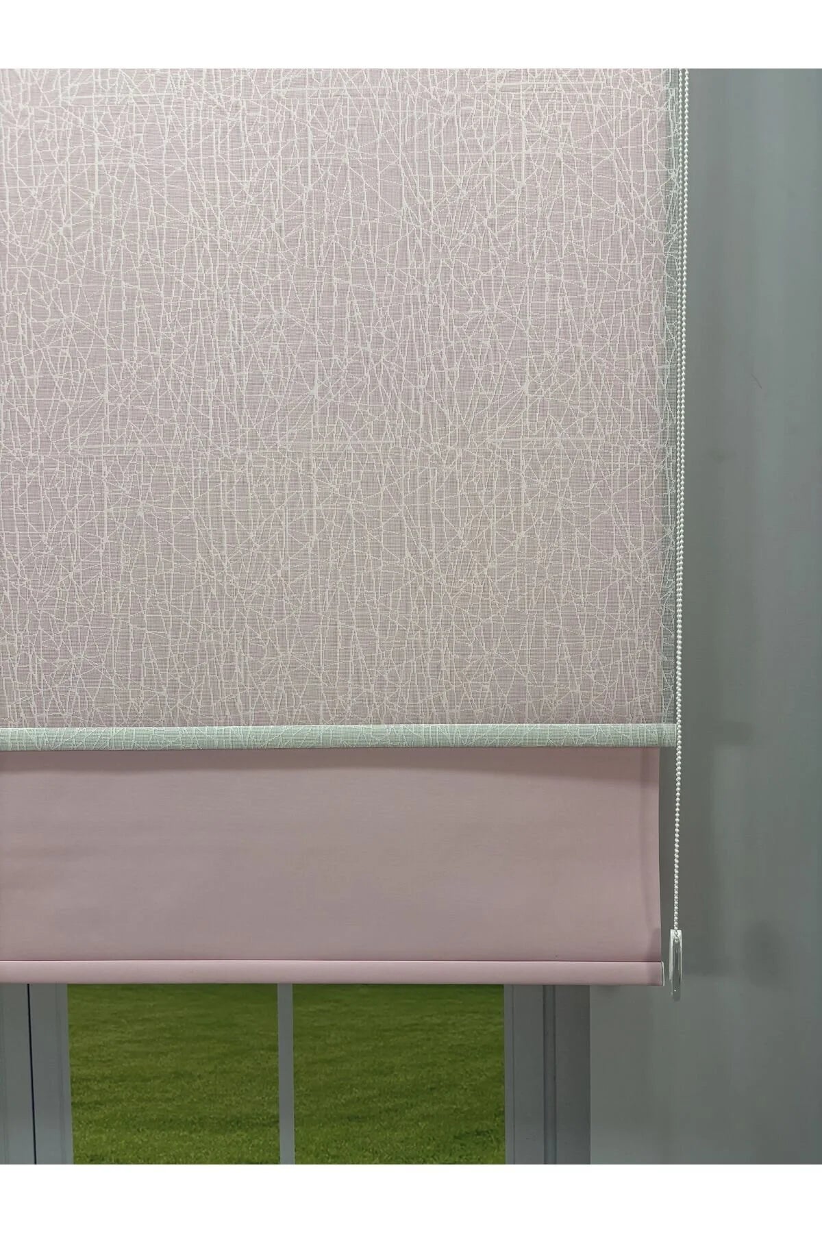 OLYMPOS Serisi – Kırçıl Desenli Çift Mekanizmalı Beyaz Tül Pembe Stor Perde