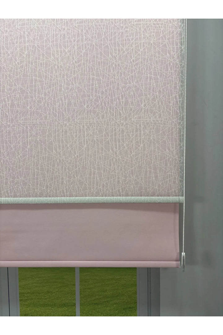 OLYMPOS Serisi – Kırçıl Desenli Çift Mekanizmalı Beyaz Tül Pembe Stor Perde