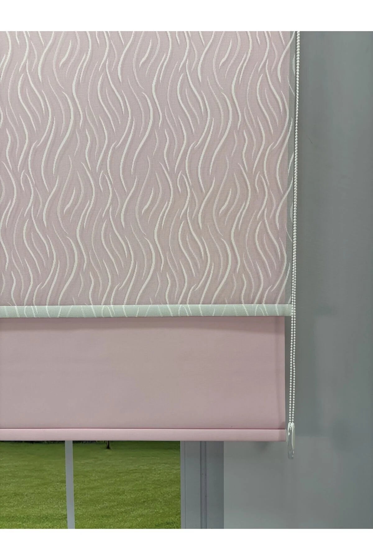 EVA Serisi – Su Yolu Desenli Çift Mekanizmalı Beyaz Tül Pembe Stor Perde