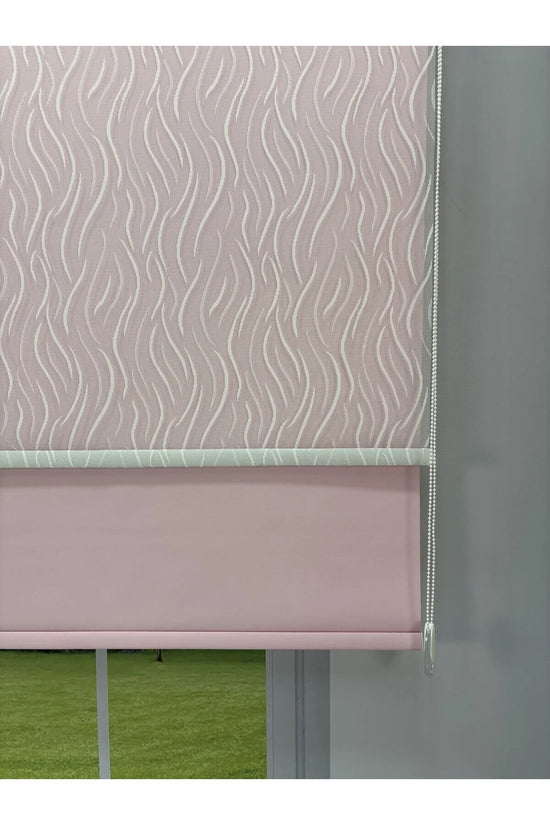 EVA Serisi – Su Yolu Desenli Çift Mekanizmalı Beyaz Tül Pembe Stor Perde