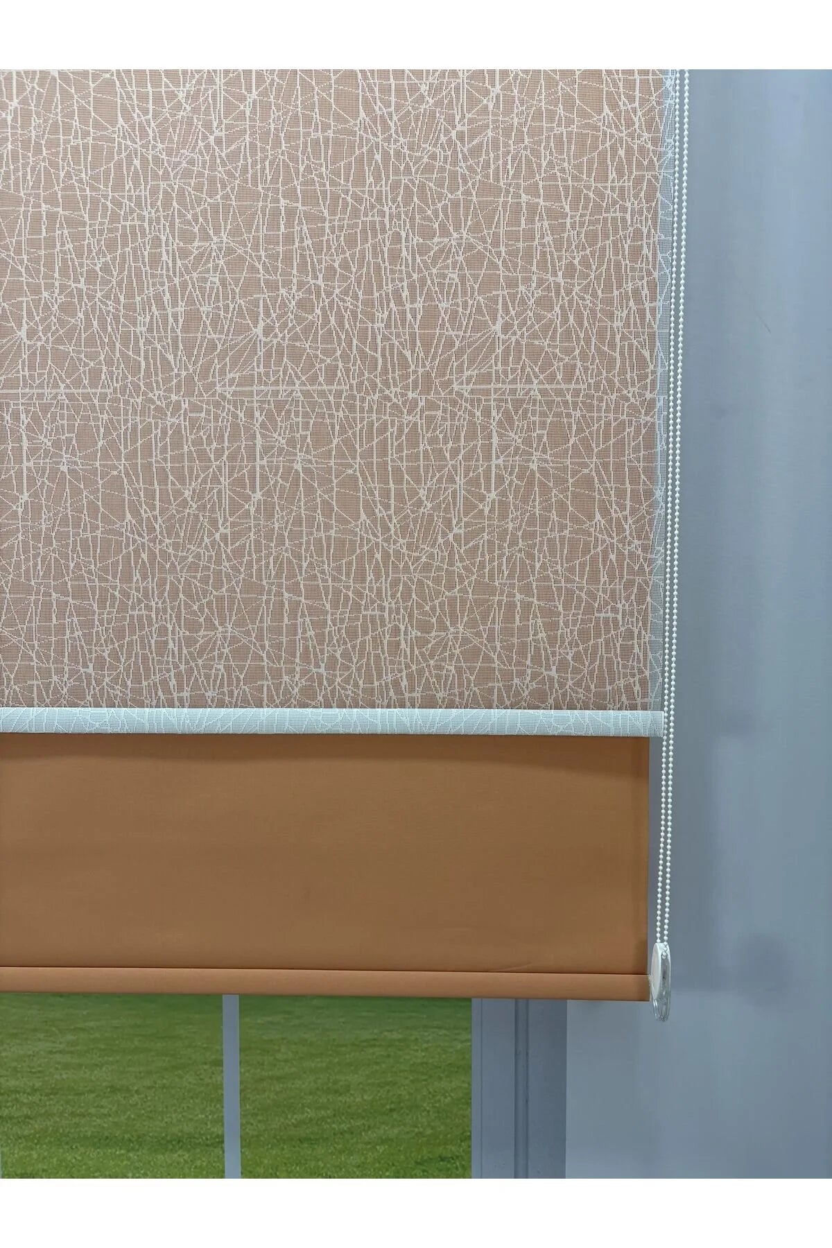 OLYMPOS Serisi – Kırçıl Desenli Çift Mekanizmalı Beyaz Tül Turuncu Stor Perde