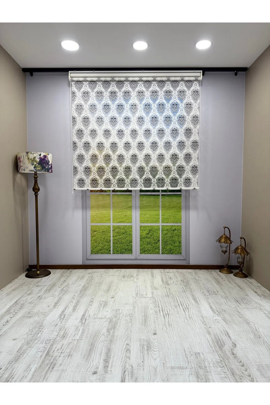Gri Damask Desenli Çift Mekanizmalı Tül ve Stor Perde - Simli Kumaş, Simli Stor Perde