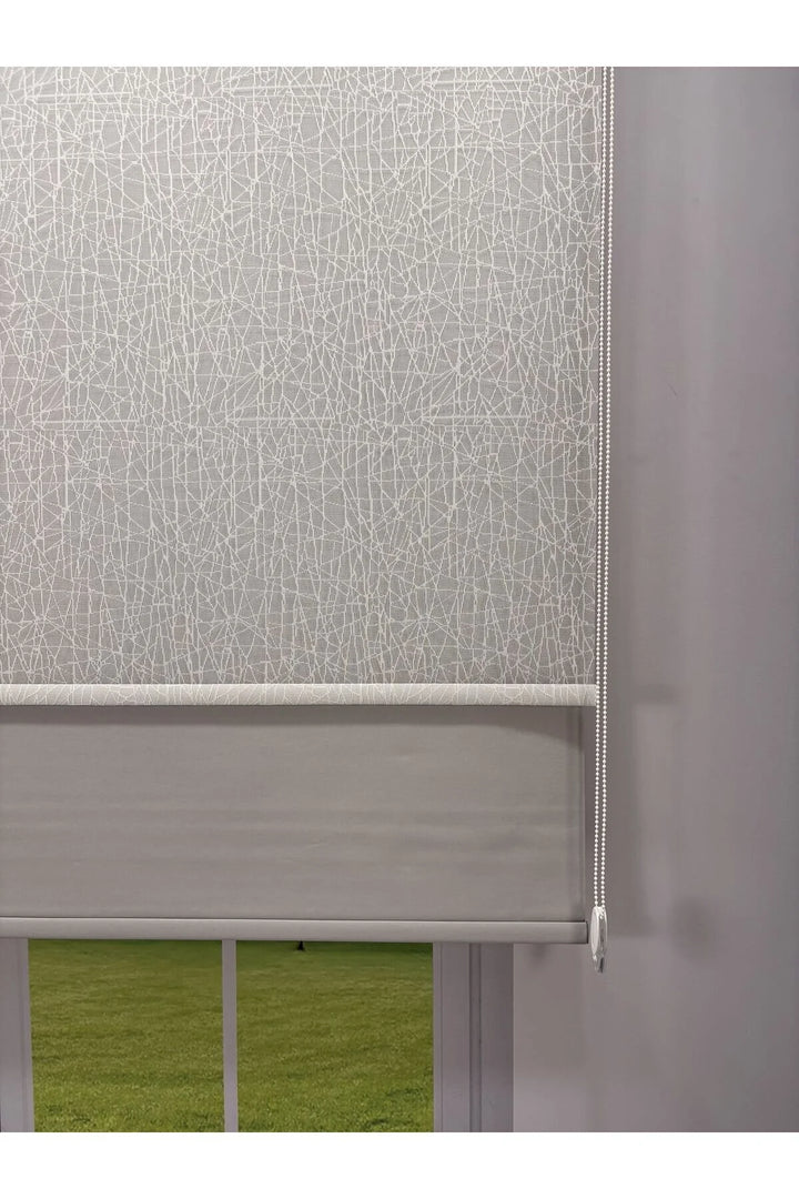 OLYMPOS Serisi – Kırçıl Desenli Çift Mekanizmalı Beyaz Tül Açık Gri Stor Perde