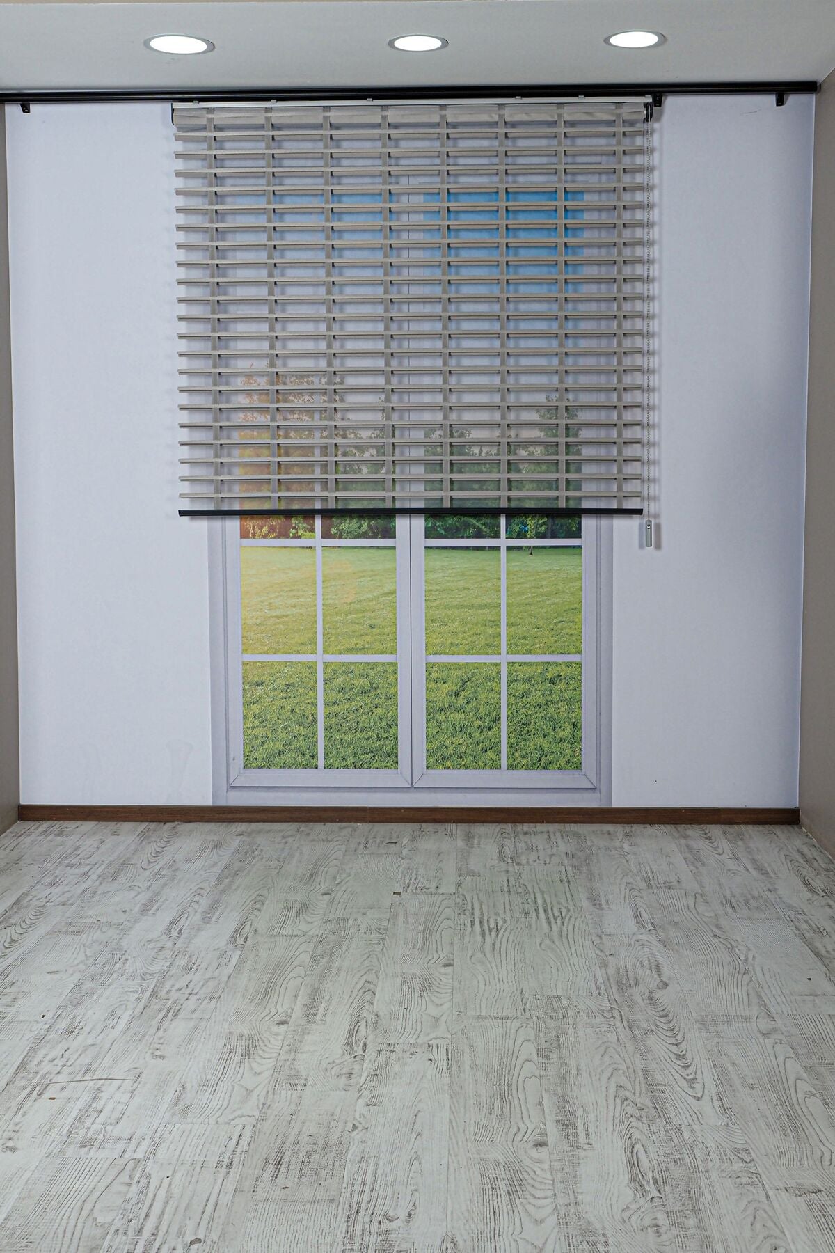 Ahşap Jaluzi Görünümlü Kumaş Silüet Gri Perde|Dekoratif Işık Kontrollü Tasarım